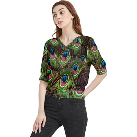 Peacock-army Quarter Sleeve Blouse by nateshop