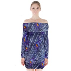 Peacock-feathers-blue Long Sleeve Off Shoulder Dress by nateshop