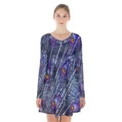 Peacock-feathers-blue Long Sleeve Velvet V-neck Dress by nateshop