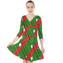 Background-green Red Star Quarter Sleeve Front Wrap Dress by nateshop