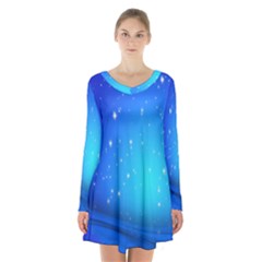 Background-blue Star Long Sleeve Velvet V-neck Dress