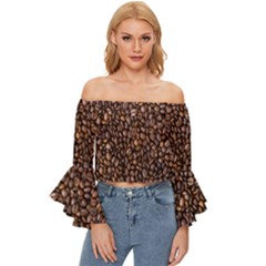 Coffee Beans Food Texture Off Shoulder Flutter Bell Sleeve Top by artworkshop