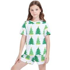 Christmas Trees Watercolor Decoration Kids  Tee And Sports Shorts Set by artworkshop