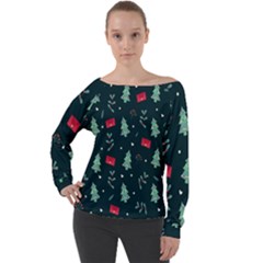 Christmas Pattern Design Off Shoulder Long Sleeve Velour Top by artworkshop