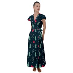 Christmas Pattern Design Flutter Sleeve Maxi Dress