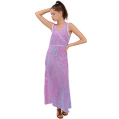  Texture Pink Light Blue V-Neck Chiffon Maxi Dress