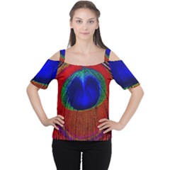 Red Peacock Plumage Fearher Bird Pattern Cutout Shoulder Tee