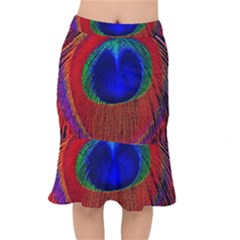 Red Peacock Plumage Fearher Bird Pattern Short Mermaid Skirt by Wegoenart