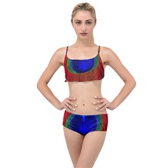 Red Peacock Plumage Fearher Bird Pattern Layered Top Bikini Set