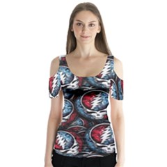 Grateful Dead Pattern Butterfly Sleeve Cutout Tee 