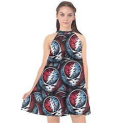 Grateful Dead Pattern Halter Neckline Chiffon Dress 