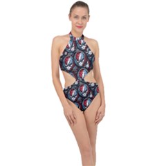 Grateful Dead Pattern Halter Side Cut Swimsuit