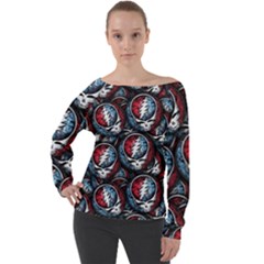 Grateful Dead Pattern Off Shoulder Long Sleeve Velour Top by Jancukart