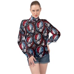 Grateful Dead Pattern High Neck Long Sleeve Chiffon Top