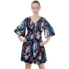 Grateful Dead Pattern Boho Button Up Dress