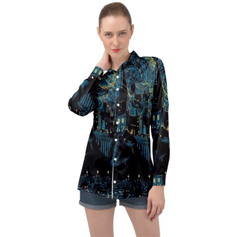 Cartoon Starry Night Vincent Van Gofh Long Sleeve Satin Shirt by Jancukart