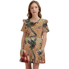 Flower Cubism Mosaic Vintage Kids  Frilly Sleeves Pocket Dress