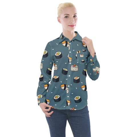 Sushi Pattern Women s Long Sleeve Pocket Shirt by Jancukart