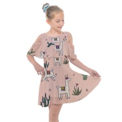Llamas Pattern Kids  Shoulder Cutout Chiffon Dress