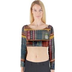 Books Library Bookshelf Bookshop Long Sleeve Crop Top by Zezheshop