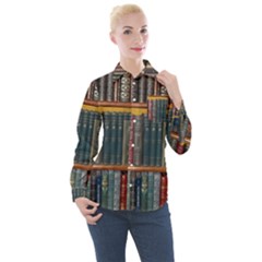 Books Library Bookshelf Bookshop Women s Long Sleeve Pocket Shirt