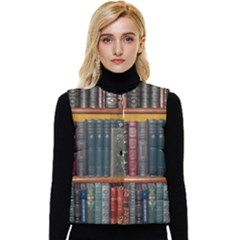 Books Library Bookshelf Bookshop Women s Short Button Up Puffer Vest by Zezheshop