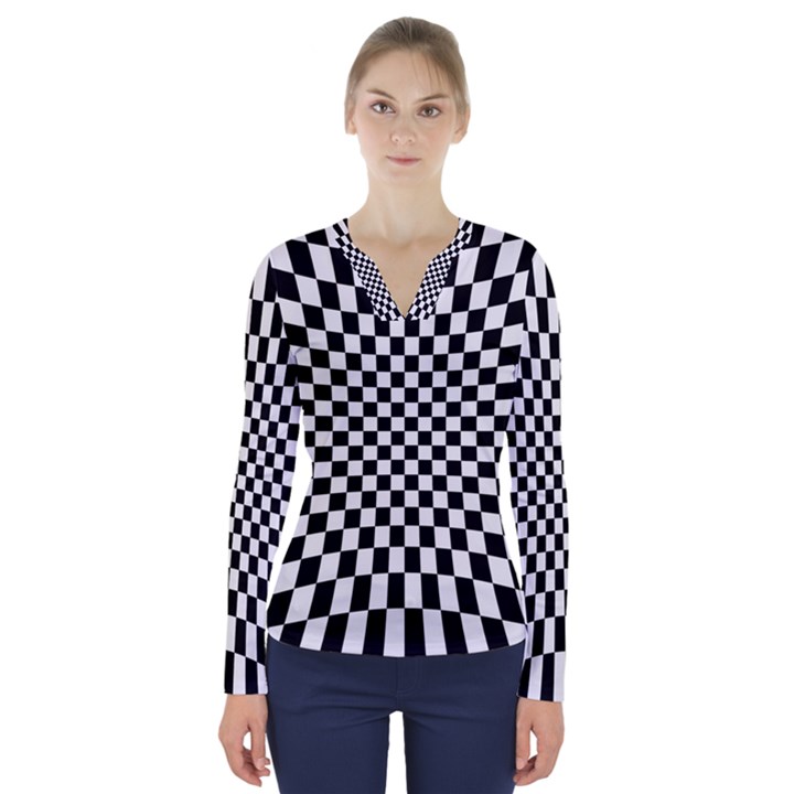 Illusion Checkerboard Black And White Pattern V-Neck Long Sleeve Top