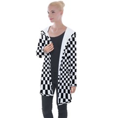 Illusion Checkerboard Black And White Pattern Longline Hooded Cardigan
