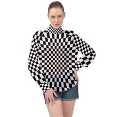 Illusion Checkerboard Black And White Pattern High Neck Long Sleeve Chiffon Top