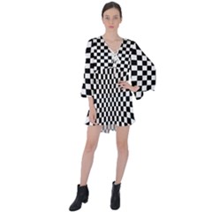 Illusion Checkerboard Black And White Pattern V-neck Flare Sleeve Mini Dress