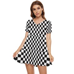 Illusion Checkerboard Black And White Pattern Tiered Short Sleeve Babydoll Dress