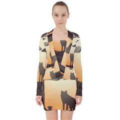 Vectors Painting Wolves Nature Forest V-neck Bodycon Long Sleeve Dress by Amaryn4rt