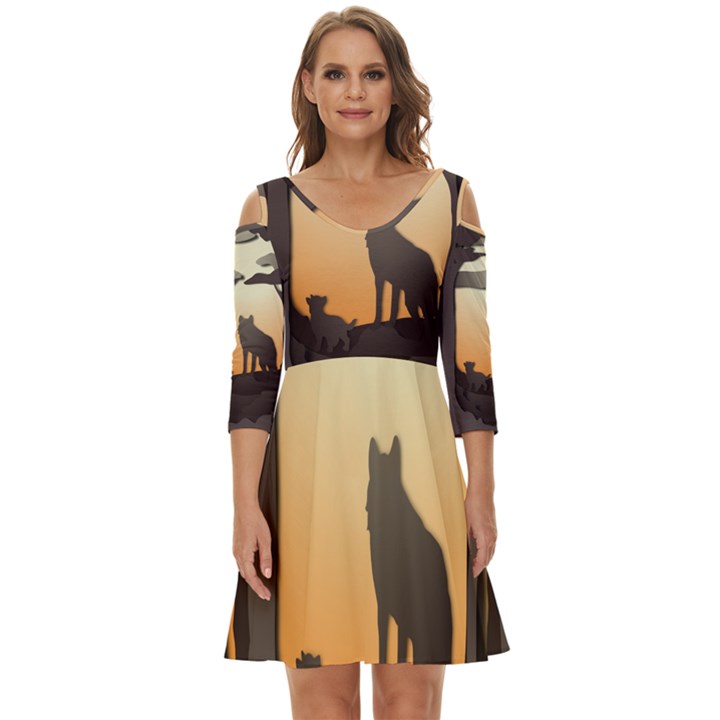 Vectors Painting Wolves Nature Forest Shoulder Cut Out Zip Up Dress