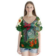 Armor Japan Maple Leaves Samurai V-neck Flutter Sleeve Top by Amaryn4rt