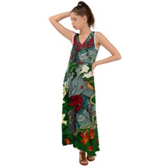 Armor Japan Maple Leaves Samurai V-neck Chiffon Maxi Dress