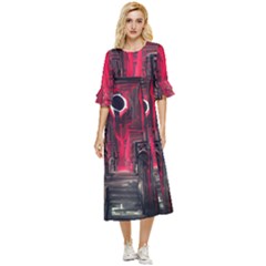 Stranger Things Fantasy Dark  Red Double Cuff Midi Dress