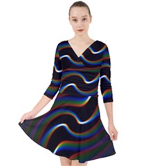 Rainbow Waves Art Iridescent Quarter Sleeve Front Wrap Dress by Amaryn4rt