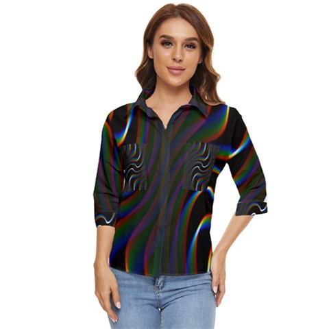 Rainbow Waves Art Iridescent Women s Quarter Sleeve Pocket Shirt by Amaryn4rt