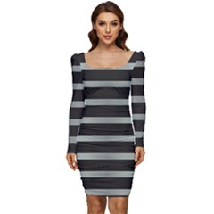 Black Silver Background Pattern Stripes Women Long Sleeve Ruched Stretch Jersey Dress by Amaryn4rt