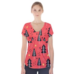 Christmas Christmas Tree Pattern Short Sleeve Front Detail Top