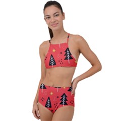 Christmas Christmas Tree Pattern High Waist Tankini Set