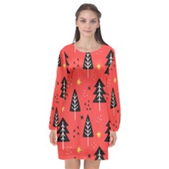 Christmas Christmas Tree Pattern Long Sleeve Chiffon Shift Dress 