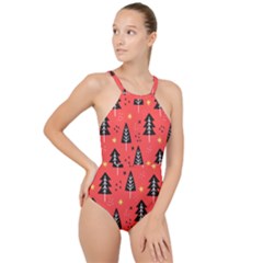 Christmas Christmas Tree Pattern High Neck One Piece Swimsuit