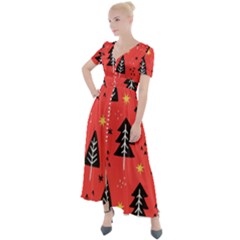 Christmas Christmas Tree Pattern Button Up Short Sleeve Maxi Dress