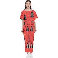 Christmas Christmas Tree Pattern Batwing Lightweight Chiffon Jumpsuit