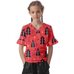 Christmas Christmas Tree Pattern Kids  V-Neck Horn Sleeve Blouse