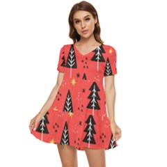 Christmas Christmas Tree Pattern Tiered Short Sleeve Babydoll Dress