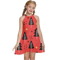 Christmas Christmas Tree Pattern Kids  Halter Collar Waist Tie Chiffon Dress