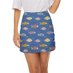 Sea Fish Blue Submarine Animals Mini Front Wrap Skirt