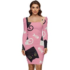 Cat Pattern Backgroundpet Women Long Sleeve Ruched Stretch Jersey Dress by Amaryn4rt